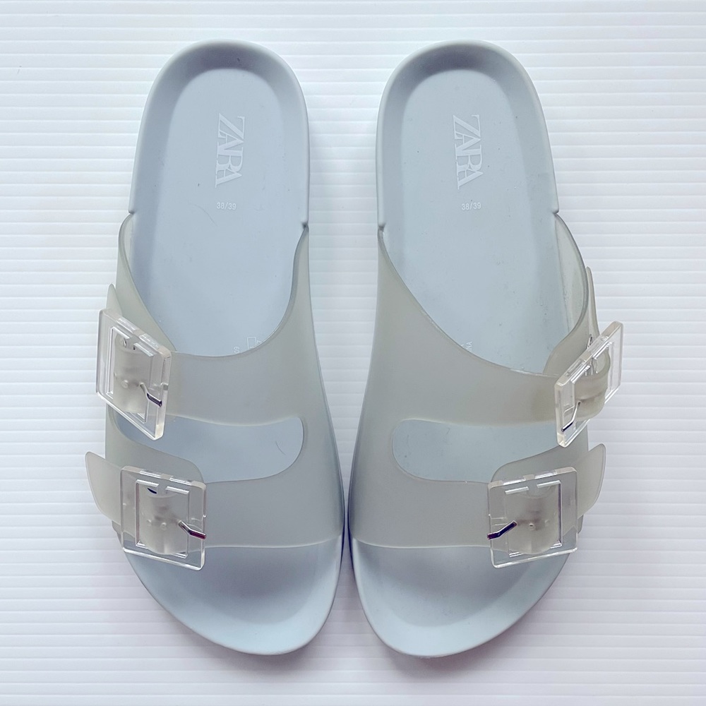 Zara 2-Buckle Rubber Sandals in Clear/Light Blue
